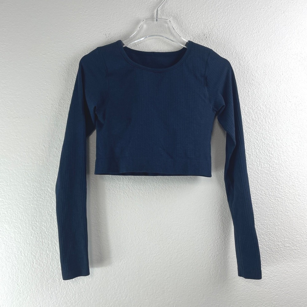 Lululemon Ebb to Street Long Sleeve Cropped Top Ribbed Navy Blue Shirt Size 8
